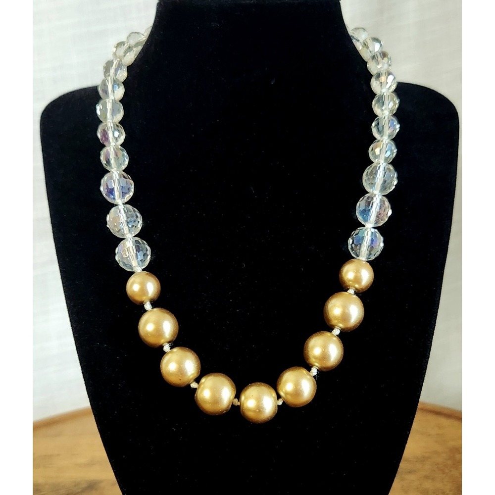 Vintage Glass Crystal Necklace Gold Tone Beaded Strand 18"